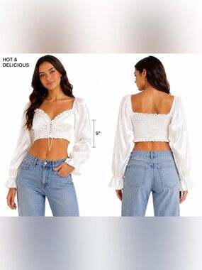 Hot‎ & Delicious White Satin Smocked Crop Top Size Small Cottagecore Coquette
